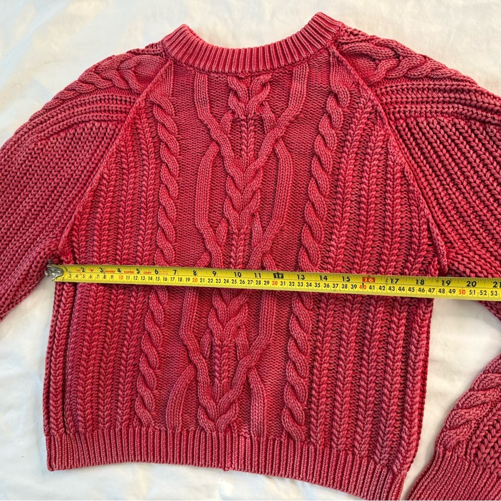 Free People Chunky Cable Knit Sweater Berry Red Cotton Cropped Cozy Knit Small - Picture 11 of 12